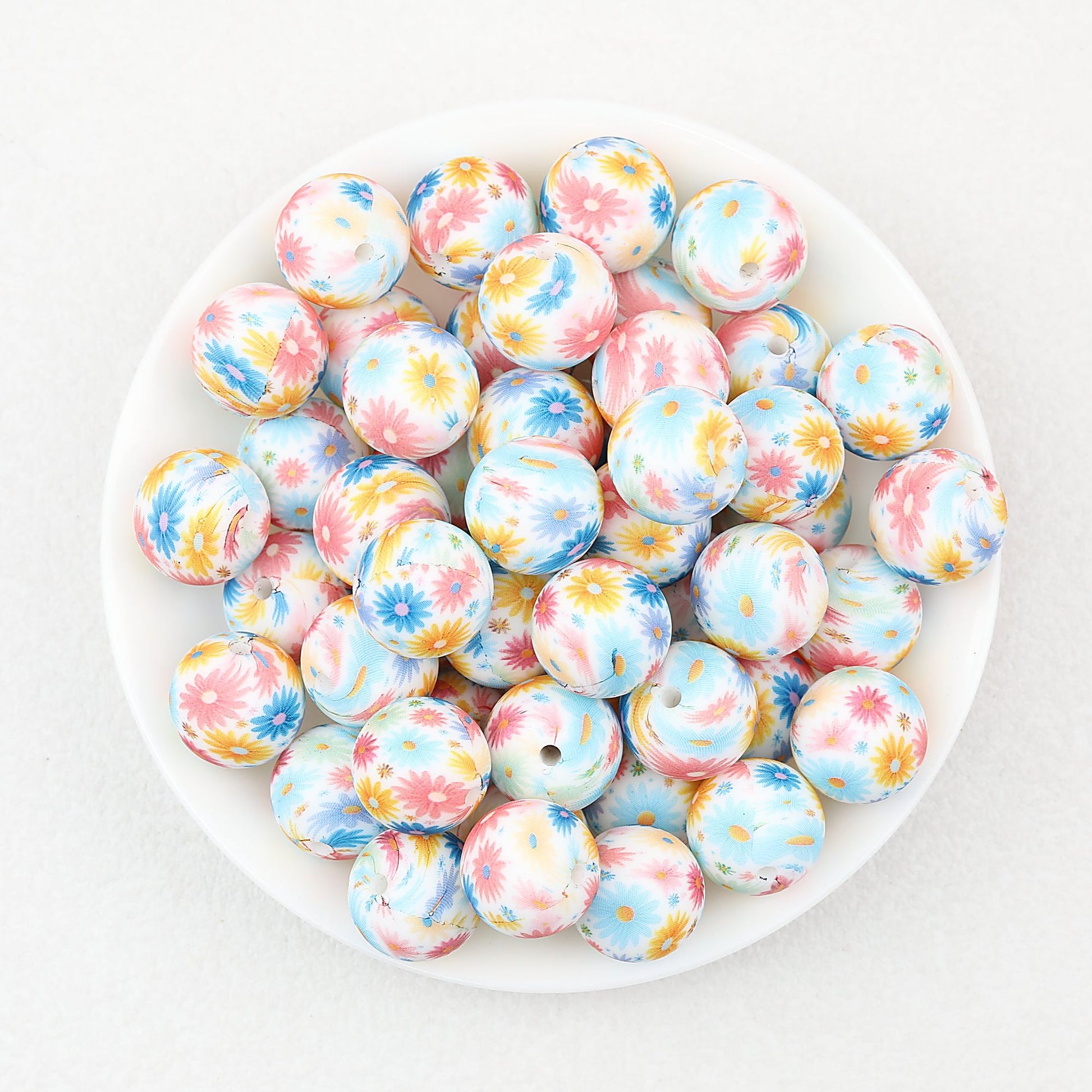 15mm Light Floral Print Round Silicone Beads 50 pcs - Floral Design 1