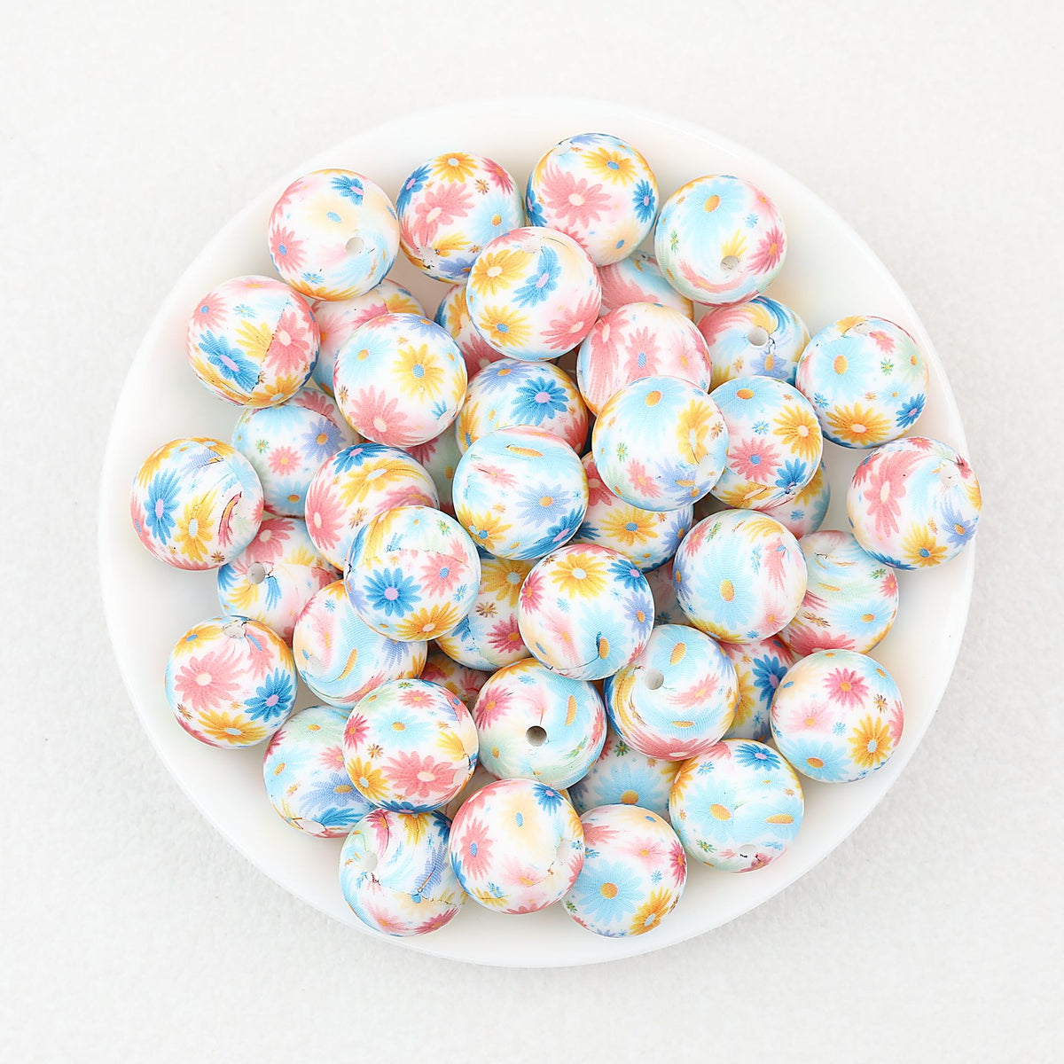 15mm Light Floral Print Round Silicone Beads 50 pcs - Floral Design 1
