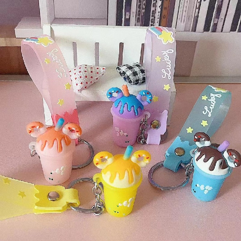 Silicone Ice Cream Cup Cartoon Food Keychain with Donut Ears 2