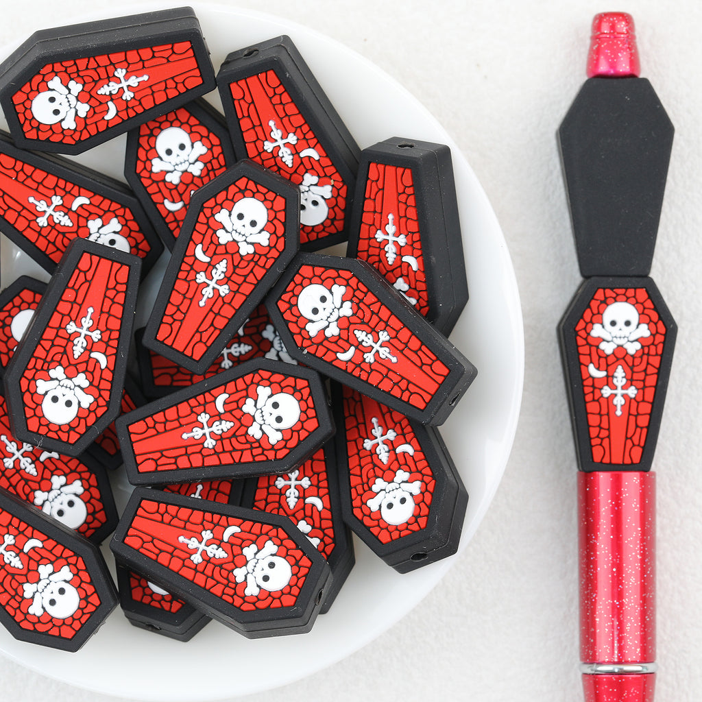 3D Skull Coffin Silicone Focal Beads Wholesale, Red Skeleton Halloween Design