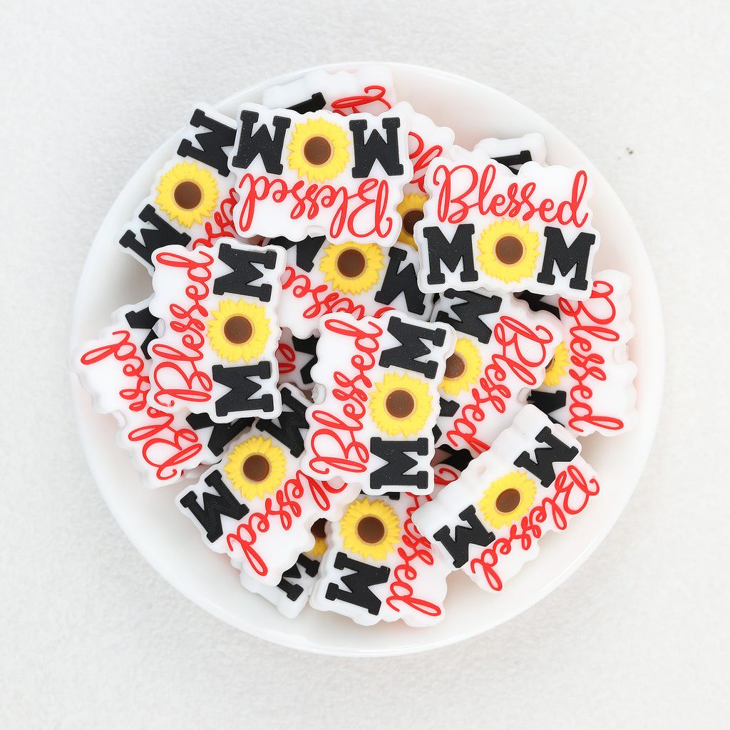 Sunflower Mom Silicone Focal Beads Wholesale, White Red Lettering Yellow Flower Design