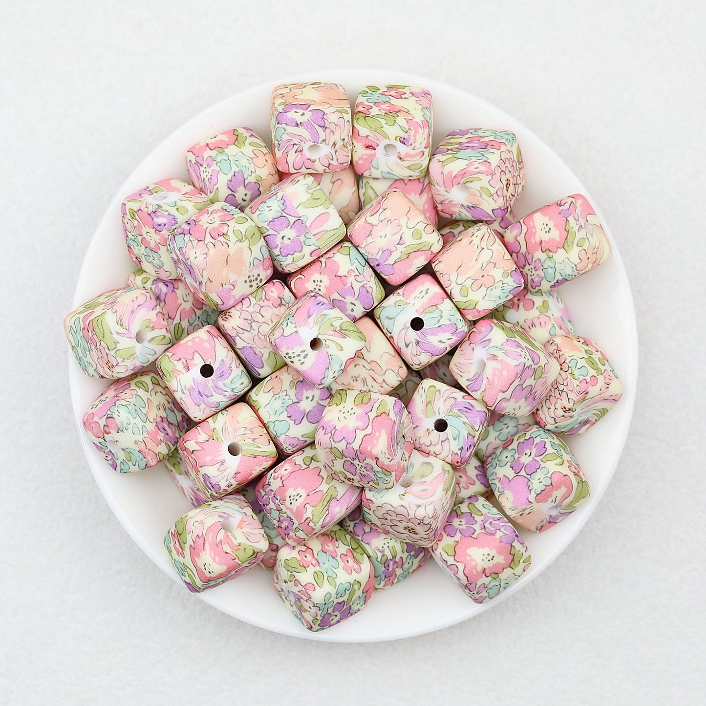 Floral Pattern 13.5mm Square Silicone Beads Printed Design 50pcs - Style 7