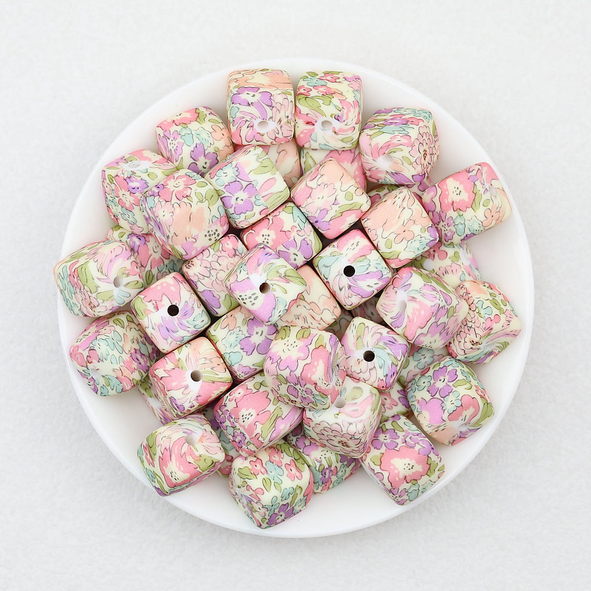 Floral Pattern 13.5mm Square Silicone Beads Printed Design 50pcs - Style 7