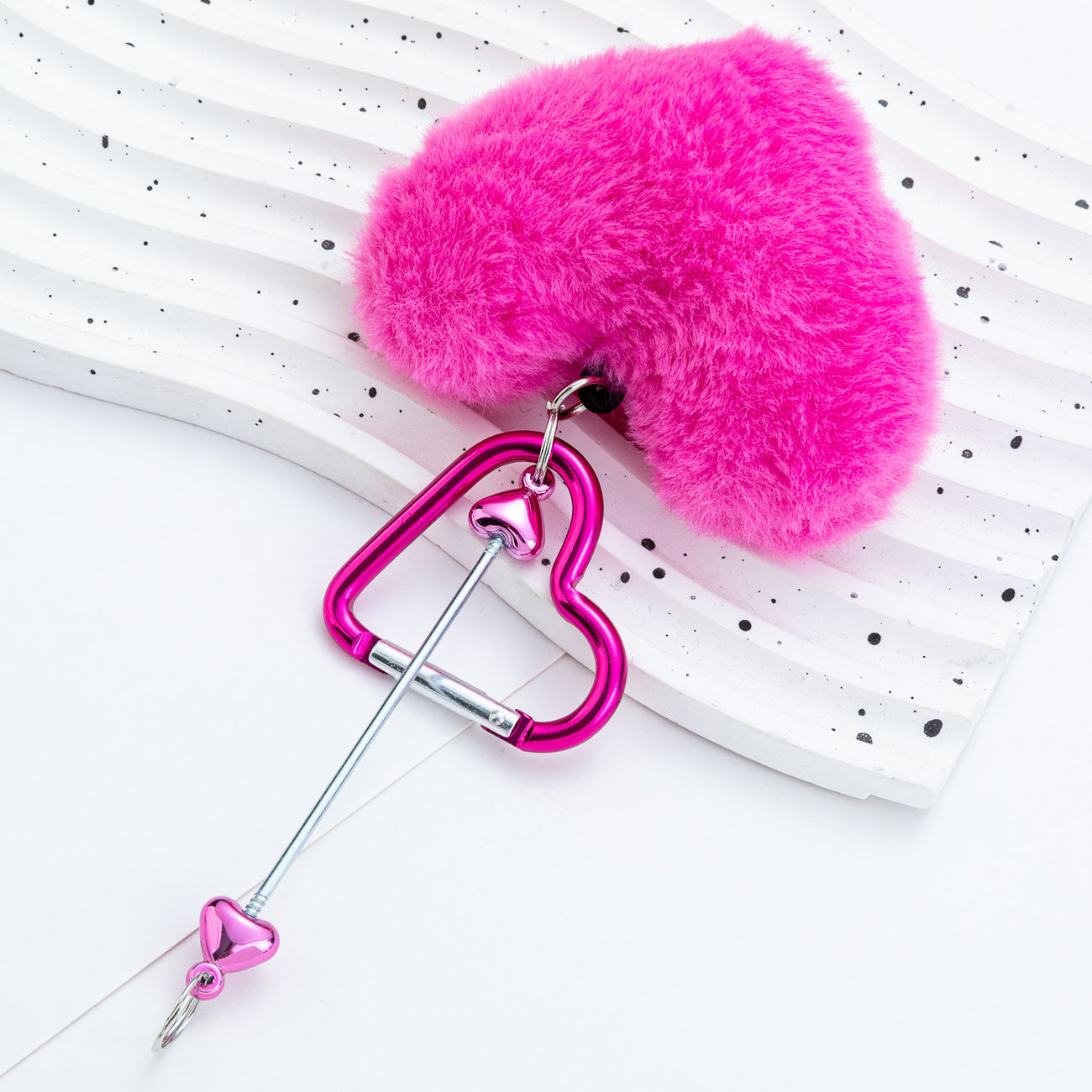 Beadable Metal Keychains With Heart Pom Poms