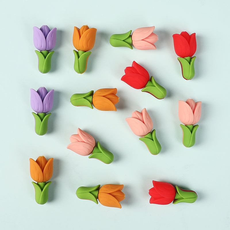 Silicone 3D Focal Beads Tulip Detailed Petals Vibrant Colors 20pcs 3