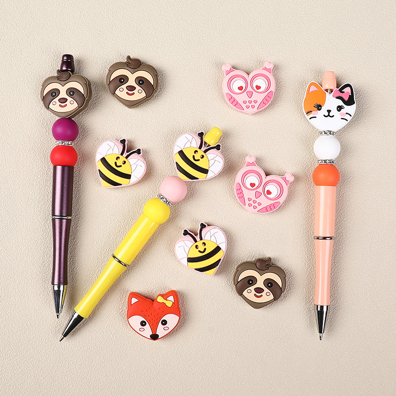 Silicone Focal Beads Valentine Day Heart Shaped Bee Owl Fox Sloth Kitten 20pcs 2