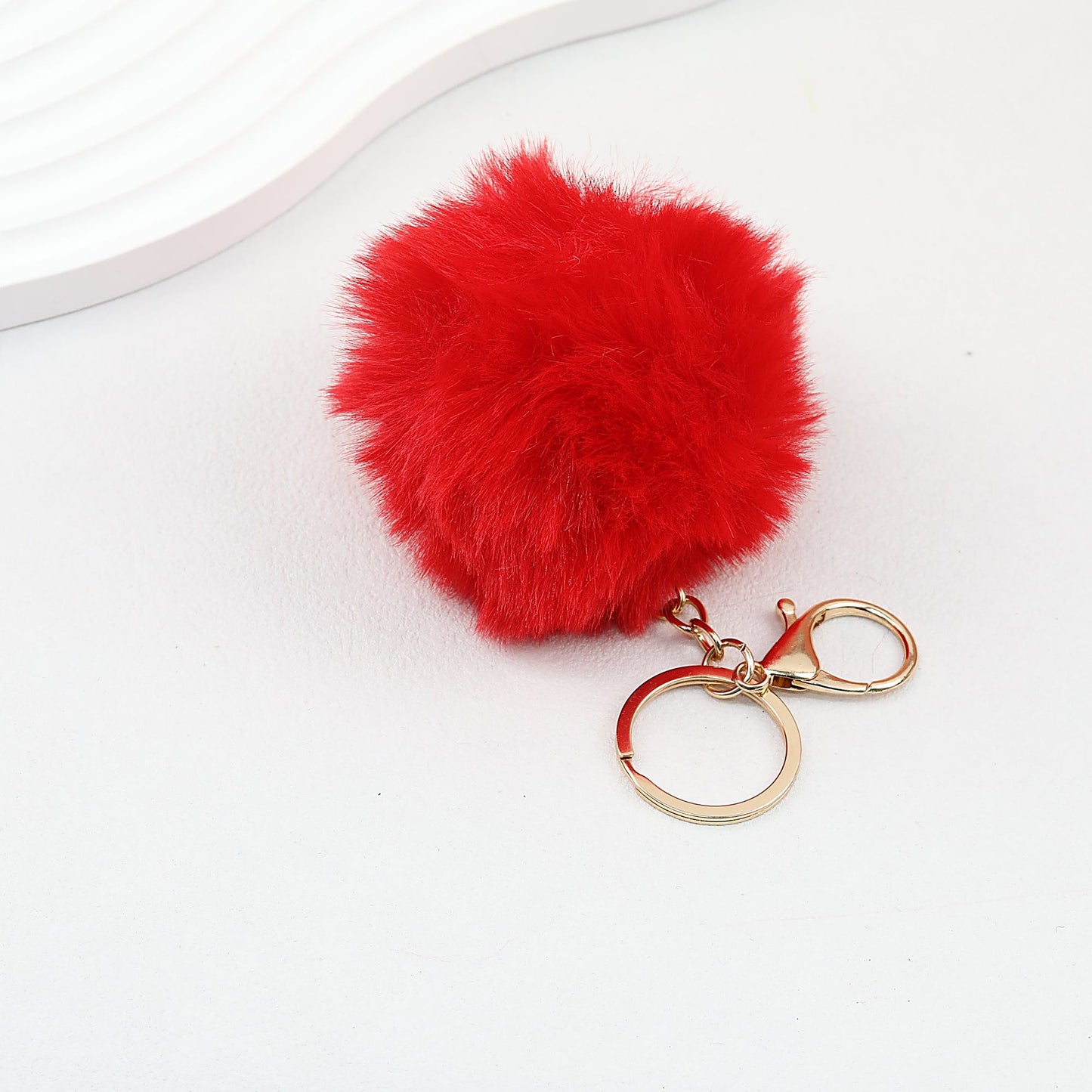 Pom Pom Keychain Fluffy Imitation Rex Rabbit Fur Ball 8cm With Lobster Clasp - 12# Red