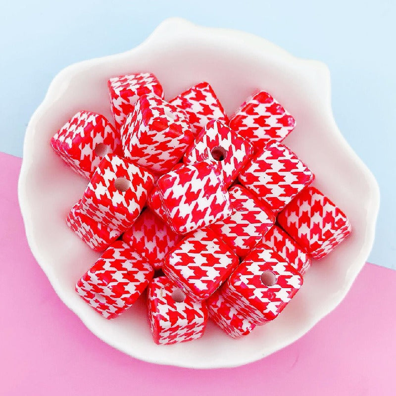Houndstooth Square Acrylic Beads 16mm Colorful Pattern 10pcs 3