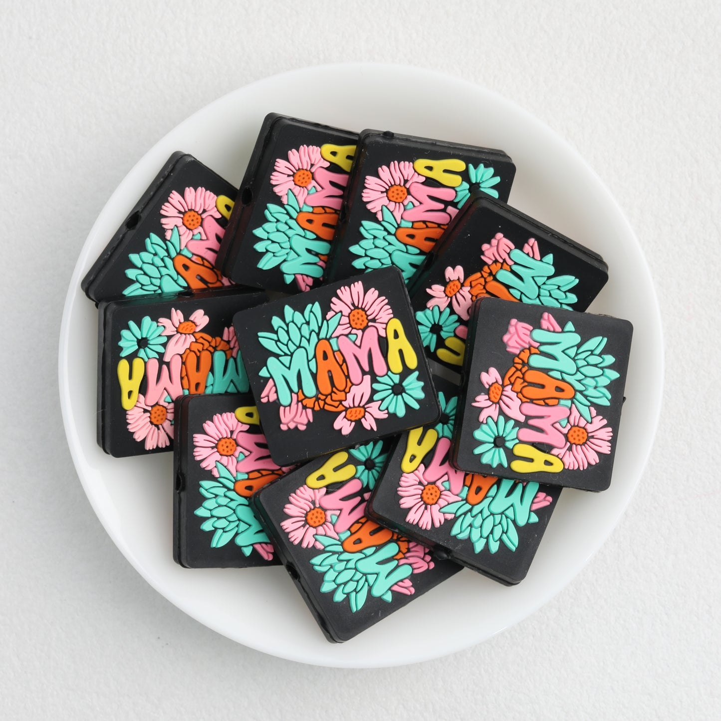 Silicone Focal Beads Flower MAMA Square Colorful Text 20pcs