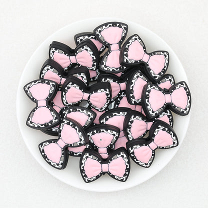 Cow Print Bow Silicone Focal Beads Pink Light Pink Green 20pcs - Light Pink