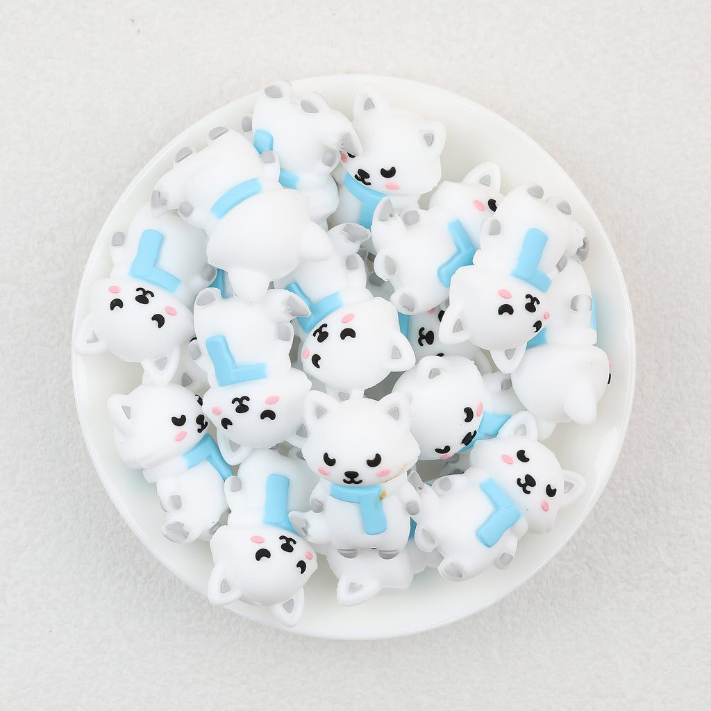3D Winter Blue Scarf White Fox Silicone Focal Beads