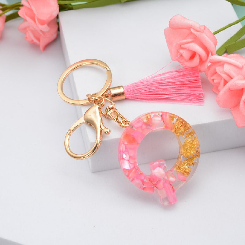Resin Floral Pink Tassel Monogram Keychain Alphabet Letter A 17