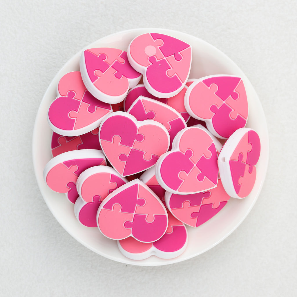  Pink Puzzle Heart Silicone Focal Beads 20Pcs 2