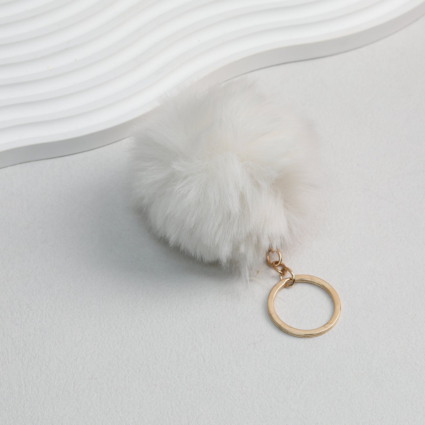 Pom Pom Keychain Plush Violet Faux Fur Ball Gold Ring 8cm