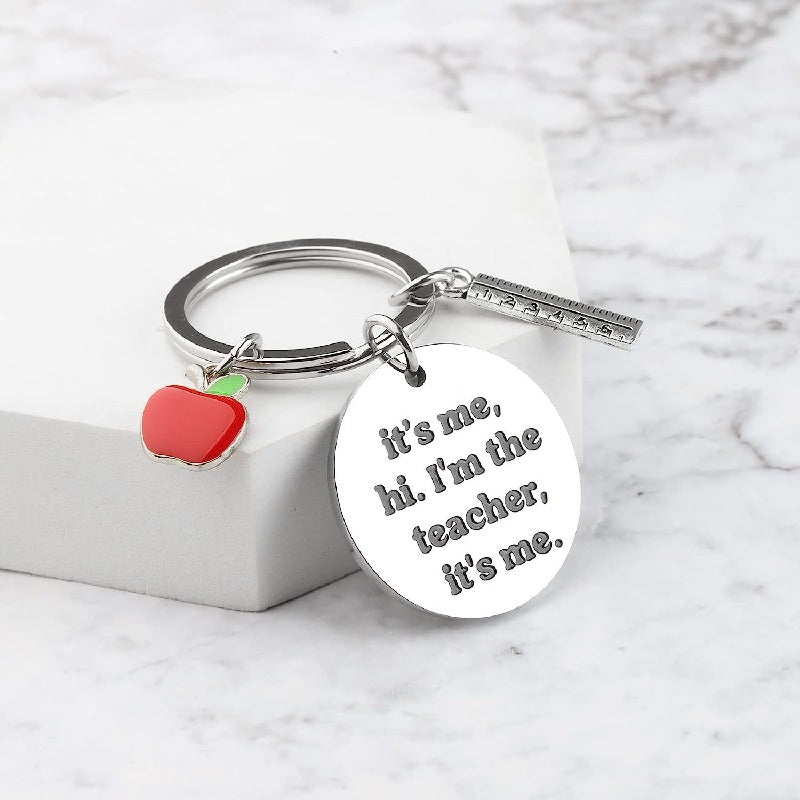 Creative Stainless Steel Teacher Keychain with Red Enamel Apple and Ruler Charm 2