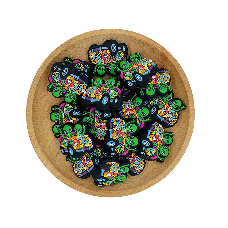 Silicone Focal Beads Alien Car Peace Sign Colorful Hippie Design 20pcs 2