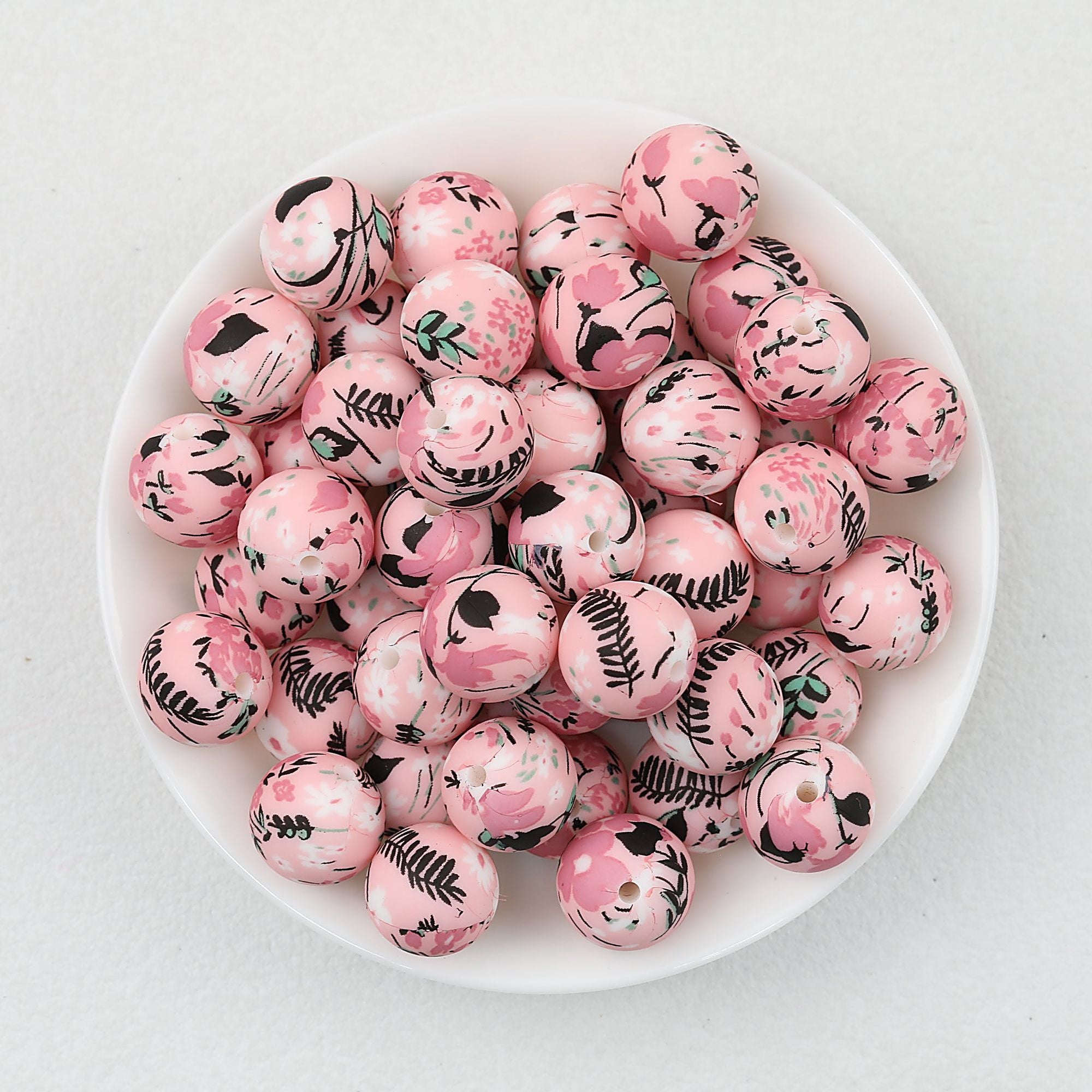15mm Floral Printed Silicone Round Beads Soft Pastel Color 50pcs - Pink Fern