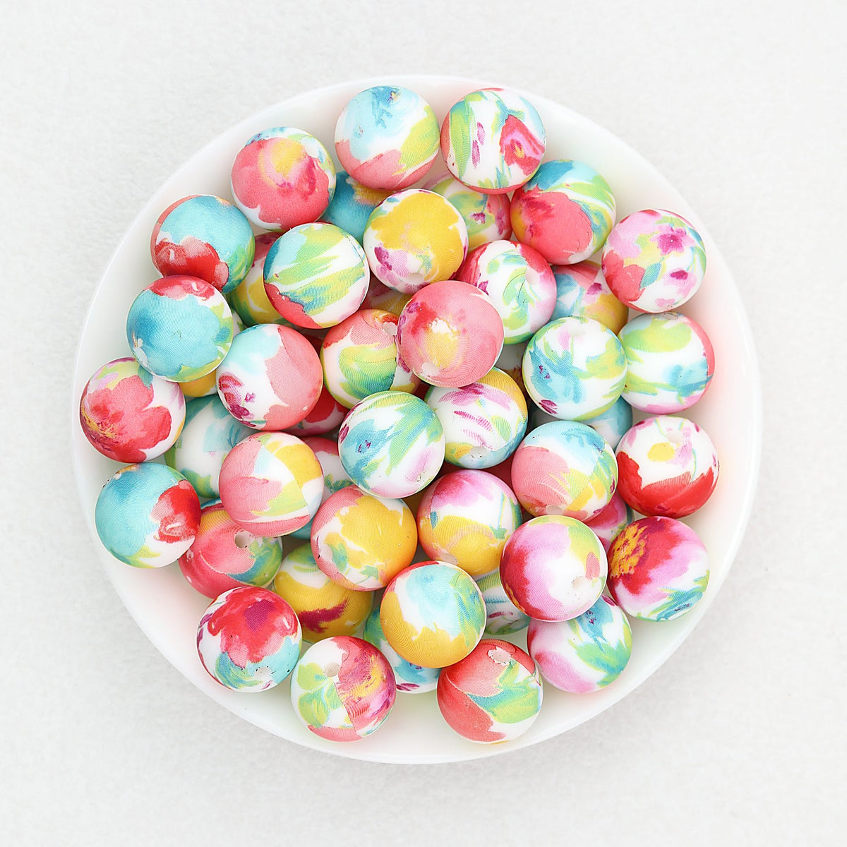 15mm Floral Pattern Silicone Beads Pastel Print 50pcs - Colorful Flower
