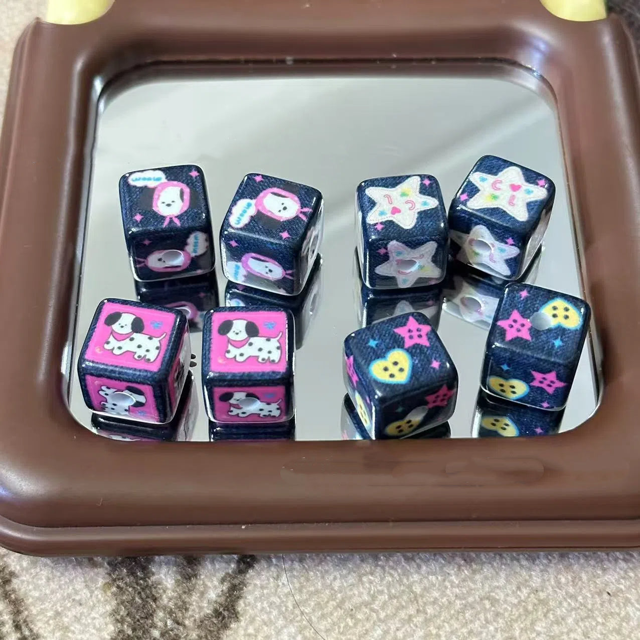 Square Acrylic Beads 14mm Denim Blue Puppy and Star Pattern 10pcs