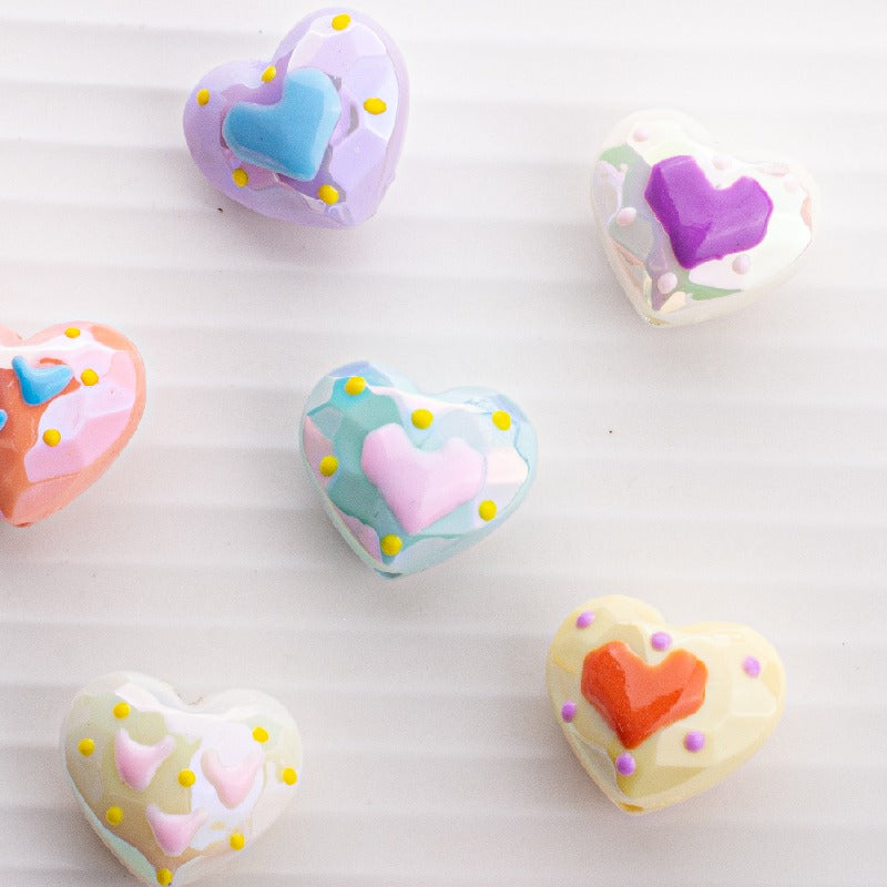 Hand Drawn Acrylic Heart Beads 19.4x17mm Pastel Faceted 5pcs 2