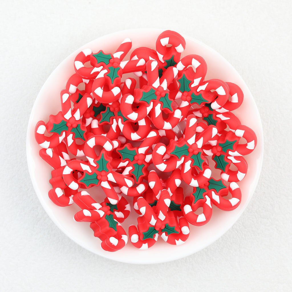 3D Candy Cane Silicone Focal Beads Wholesale, Red White Stripes Green Holly Christmas Design