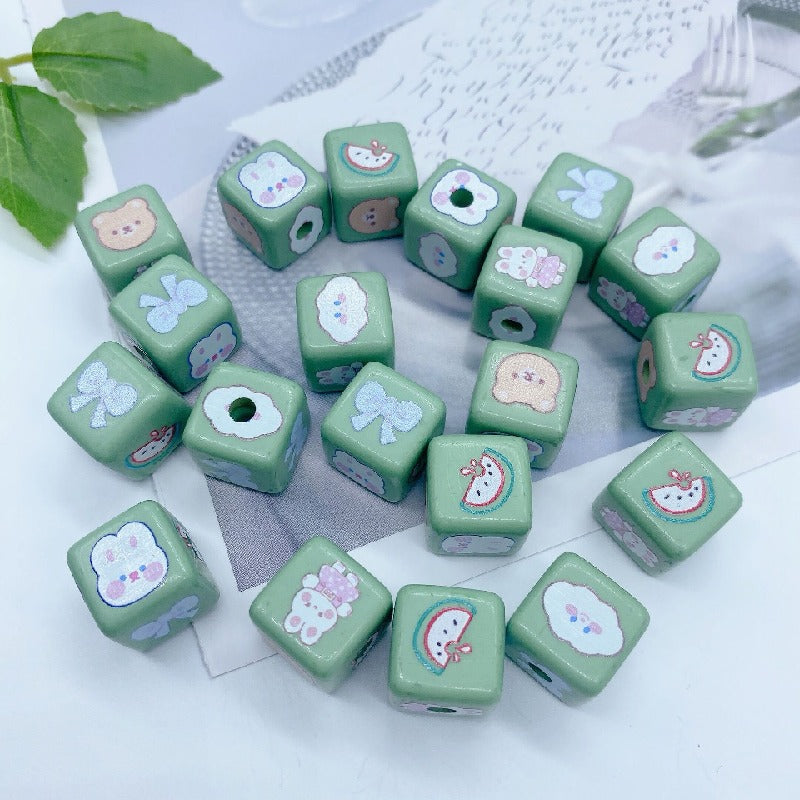Cartoon Square Acrylic Beads 12mm Printed 5pcs 12