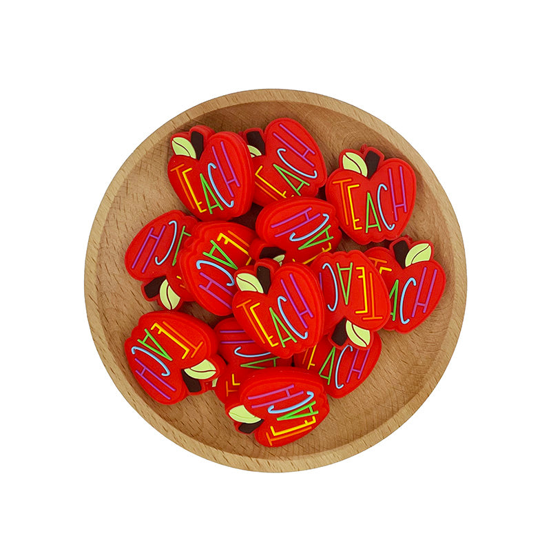 Silicone Focal Beads Apple TEACH Lettered Front Facing 20pcs 6