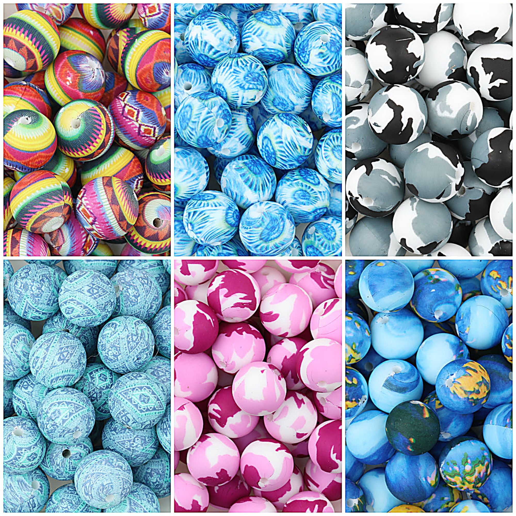 Colorful 15mm Printed Round Silicone Beads with Flower Patterns 50pcs