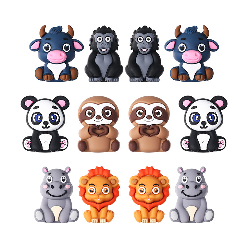 Silicone 3D Focal Beads Animal Panda Lion Sloth Hippopotamus Cow Sitting Pose 20Pcs