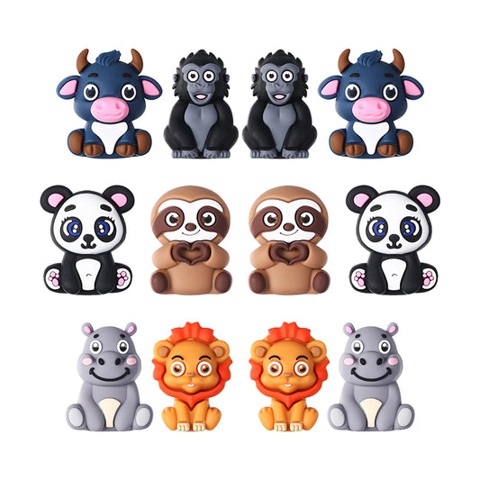 Silicone 3D Focal Beads Animal Panda Lion Sloth Hippopotamus Cow Sitting Pose 20Pcs