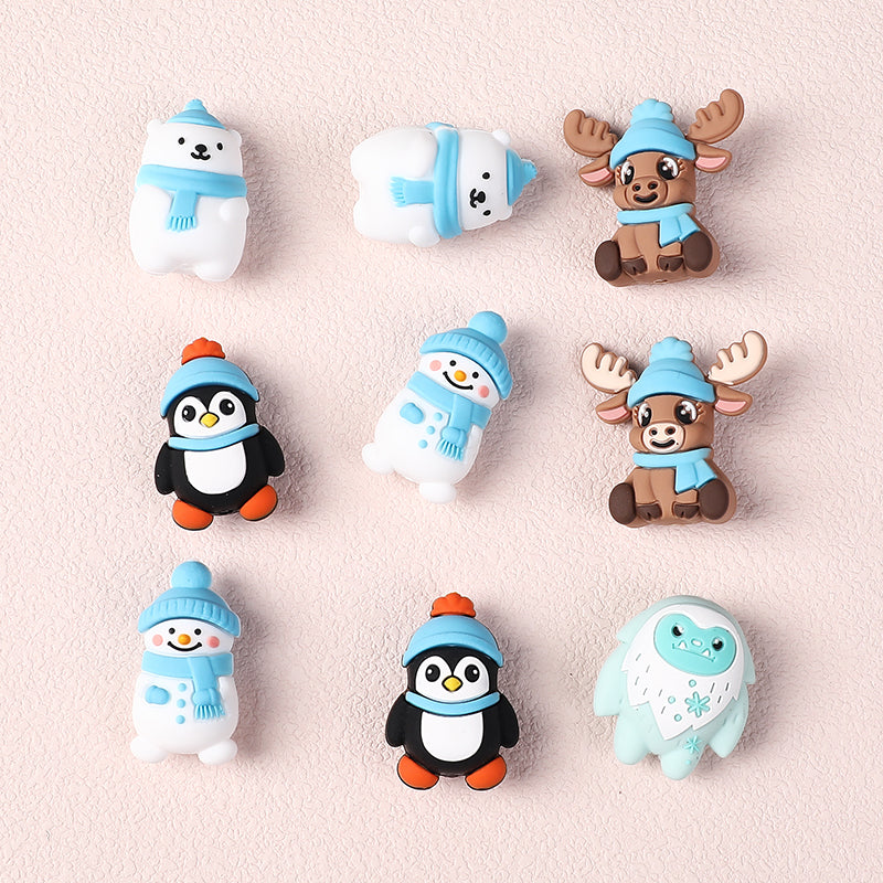 Silicone 3D Focal Beads Winter Theme Polar Bear Snow Monster Wearing Hats 20pcs 4