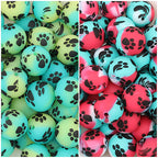 15mm Printed Dog Paw Pattern Silicone Beads 50pcs