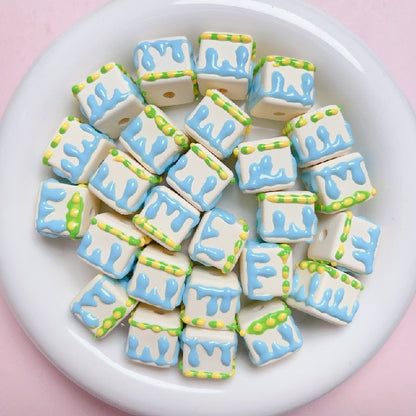 Hand Painted Cube Acrylic Beads 16mm Cream Dripping Icing 5pcs 15