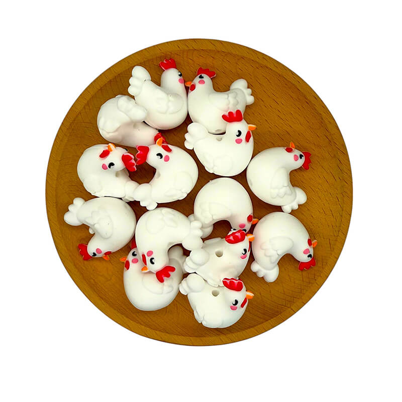 Silicone 3D Focal Beads White Rooster Smiling Face Expression 20pcs 2