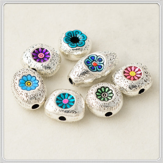 Oval Sunflower Metal Beads Cloisonne Enamel Alloy 10pcs