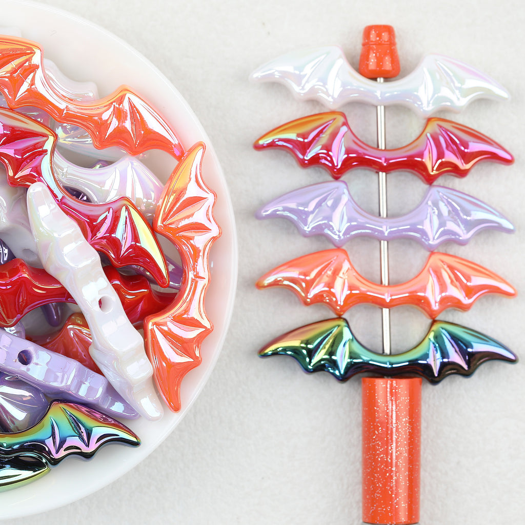 Bat Wing Acrylic Beads Wholesale, Iridescent Halloween Electroplated, 51mm