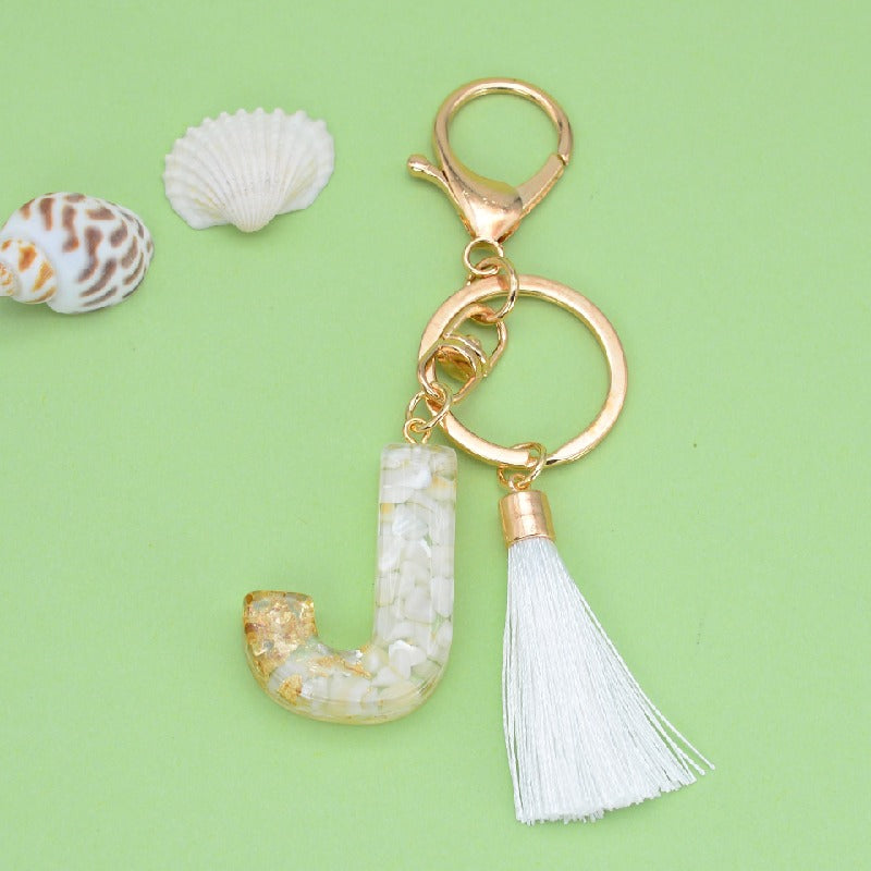 Tassel Letter A Keychain Resin Gold Flakes White Tassel 13