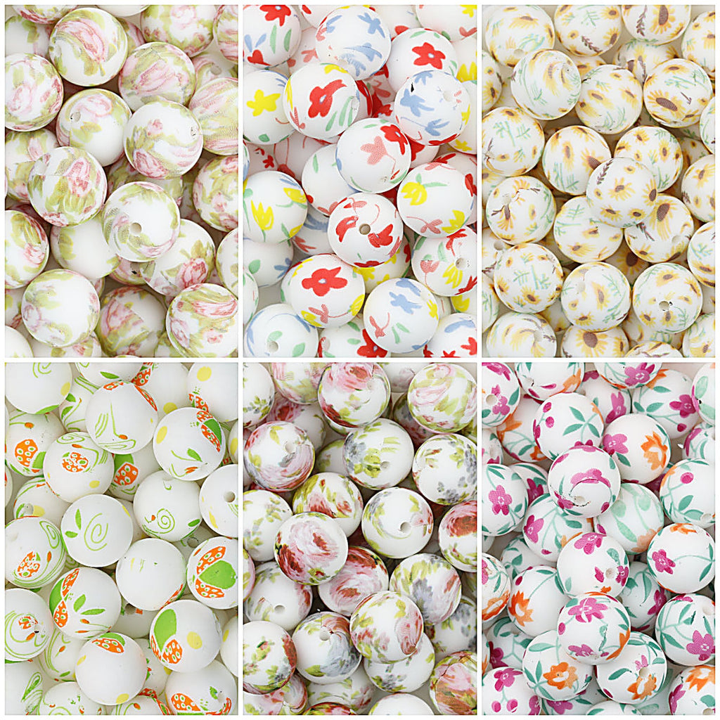 Floral Pattern 15mm Silicone Beads Light Color Printed Design 50pcs