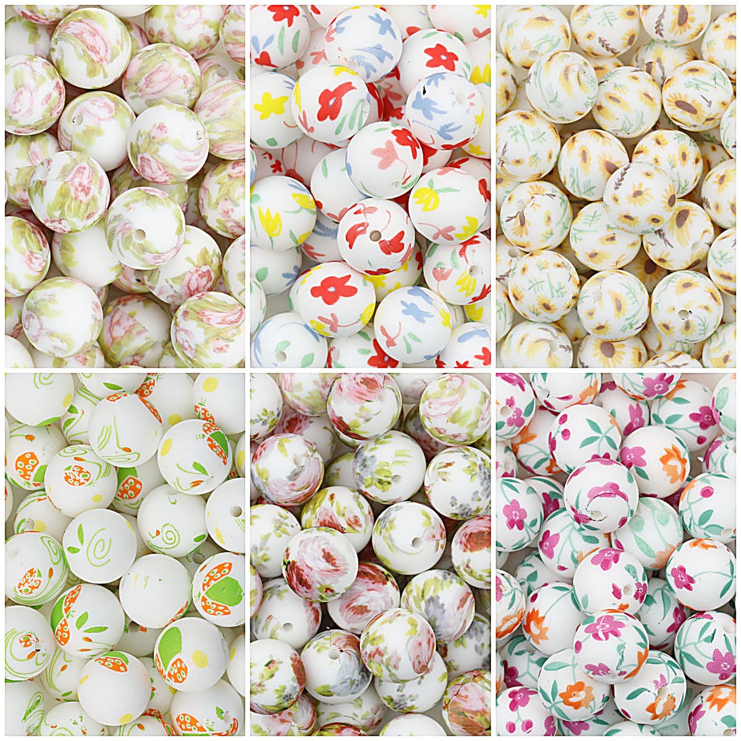 Floral Pattern 15mm Silicone Beads Light Color Printed Design 50pcs