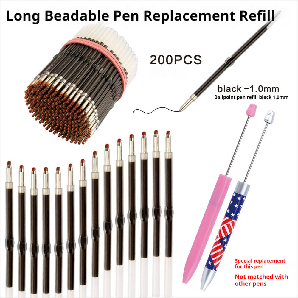 Black ballpoint pen refill for long beadable pen
