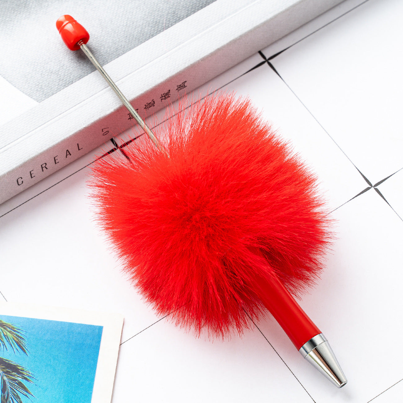 Fuzzy Beadable Pens Plush DIY Ballpoint Pen Wholesale 56 Fluorescent Red