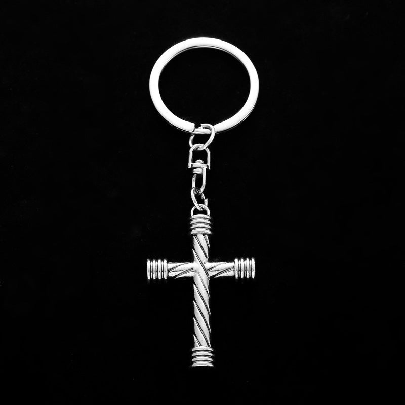 Stainless Steel Cross Keychain Textured Twist Design Polished Silver 3