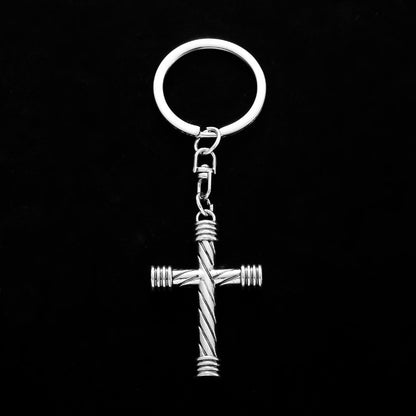 Stainless Steel Cross Keychain Textured Twist Design Polished Silver 3