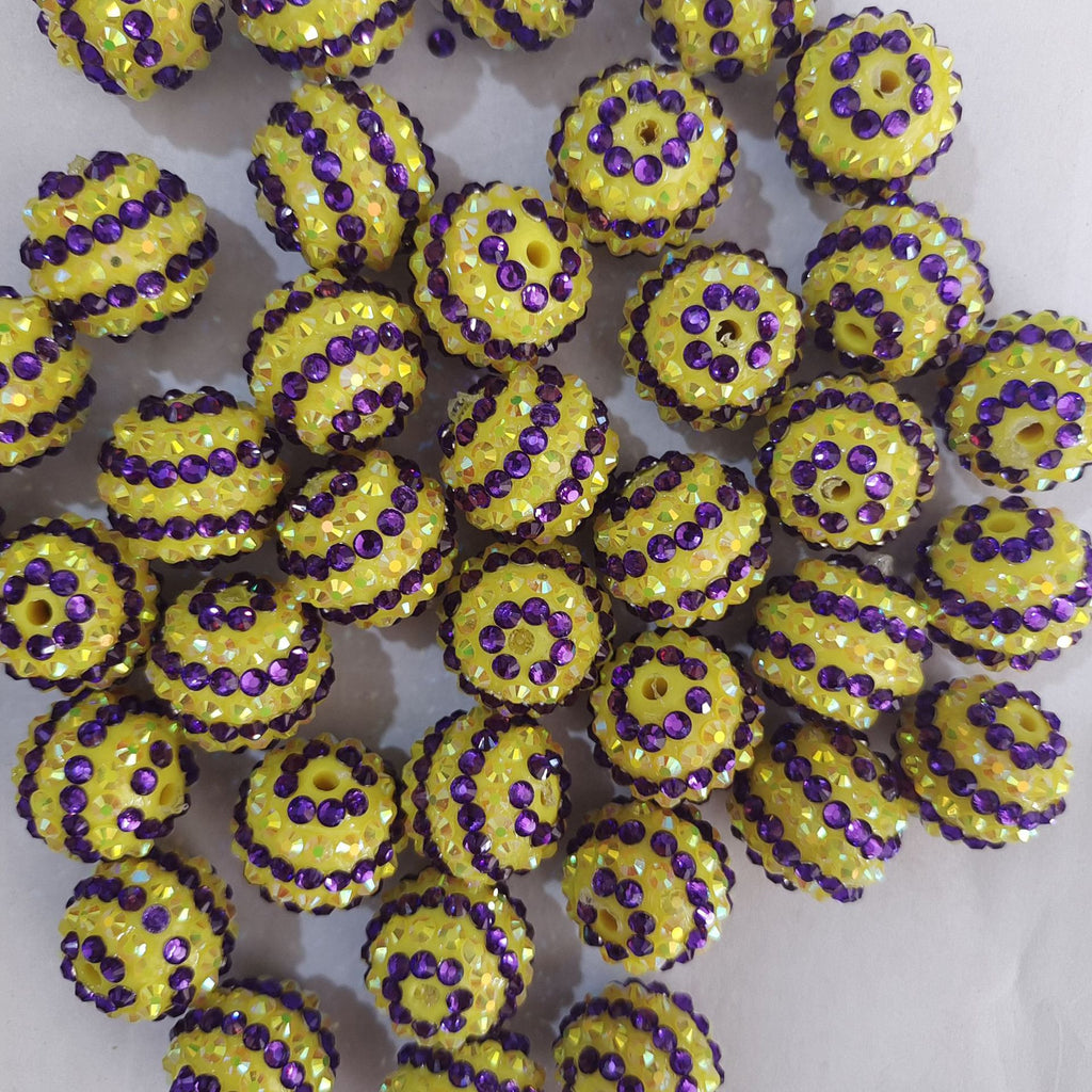 Plated Bubblegum Beads 16-22mm Deep Purple Rhinestone Striped Yellow 5pcs