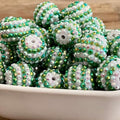 Rhinestone Bubblegum Beads 16-22mm Deep Green White Striped Resin 5pcs