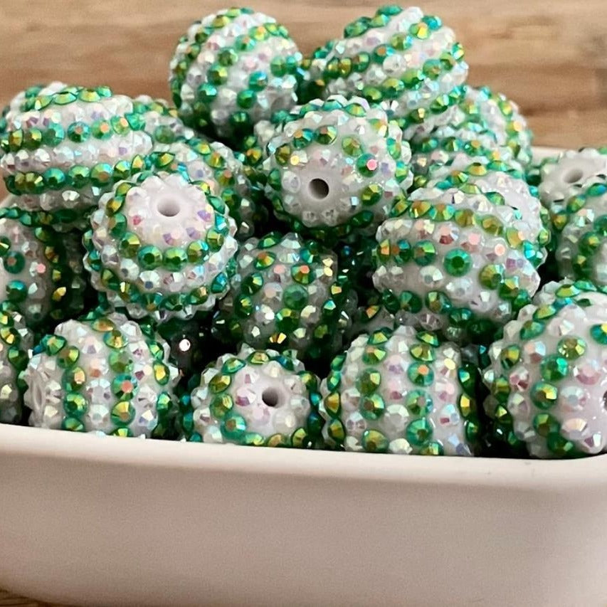 Rhinestone Bubblegum Beads 16-22mm Deep Green White Striped Resin 5pcs
