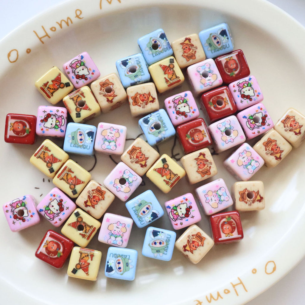 Printed Square Acrylic Beads 14mm Pastel Animal Faces Glossy 20pcs 3