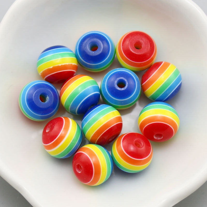 Rainbow Color Striped Resin Beads 12mm Round Glossy 60pcs 6