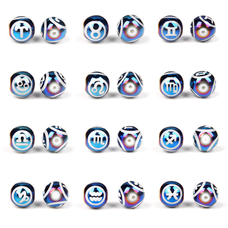Electroplated Round Glass Beads 10mm Twelve Constellation Blue Silver 5pcs