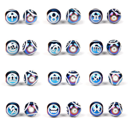 Electroplated Round Glass Beads 10mm Twelve Constellation Blue Silver 5pcs